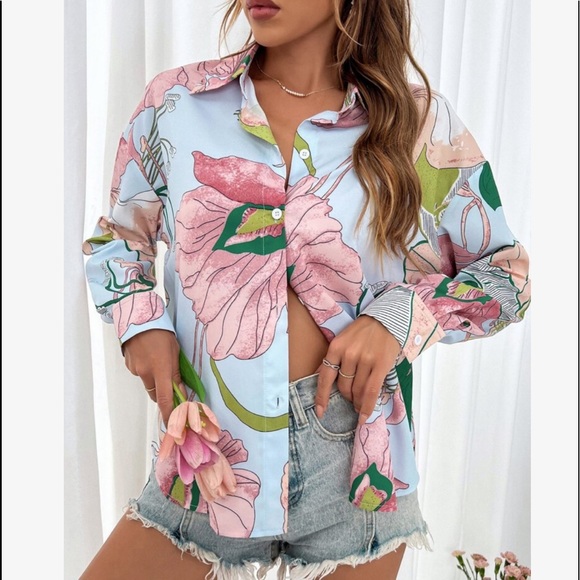 Boho Floral Print Button Down Shirt Top Blouse - Picture 4 of 14